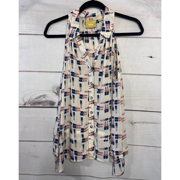 Maeve Size 10 Sleeveless Top With Lipstick Print Collar Buttons Anthropologie - Picture 1 of 5